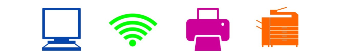 Image of computer, wifi. printer and photocopier icons.