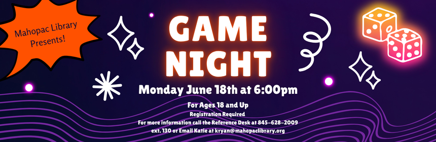 Slider promoting the Adult Gaming Club's next meeting on Monday, June 8th at 6pm