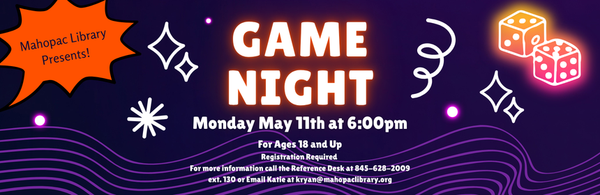 Slider promoting the Adult Gaming Club's next meeting on Monday, May 11th at 6 pm