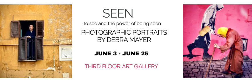 Image promoting a photography art exhibit by Debra Mayer, running from June 3rd to June 25th