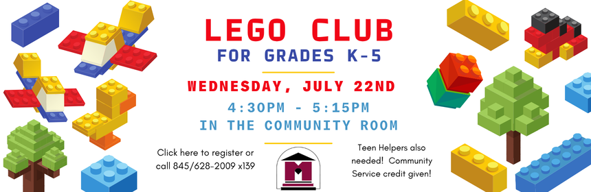Slider promoting a lego club event occuring on July 22nd