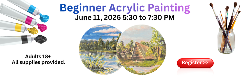 Slider image promoting a beginner acrylic painting event