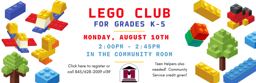 Slider promoting a lego club event occurring on August 10th