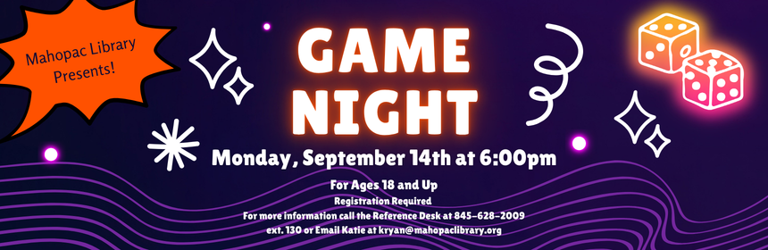 Slider promoting the Adult Gaming Club's next meeting on Monday, September 14th at 6pm
