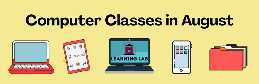 Slider image promoting the library's computer classes in August, clickable for more info