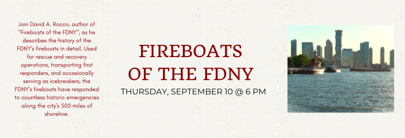 Slider image promoting the Fireboats of the FDNY program, occurring on September 10th at 6pm