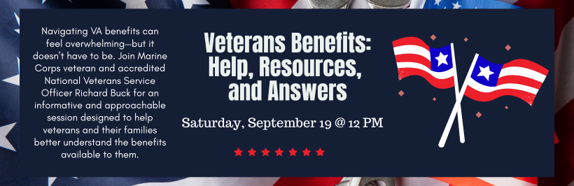Slider image for the "Veterans Benefits: Help, Resources, and Answers" program, occurring on September 19th at 12 PM