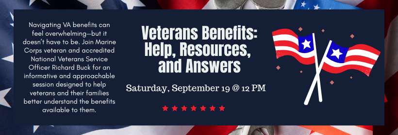 Slider image for the "Veterans Benefits: Help, Resources, and Answers" program, occurring on September 19th at 12 PM
