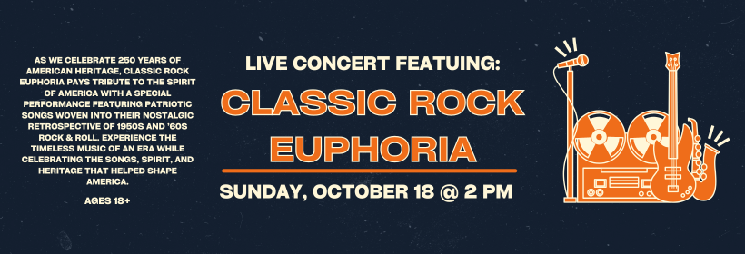 Slider image promoting a concert by Classic Rock Euphoria, occurring on October 18th at 2 pm