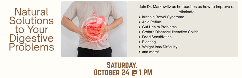 Slider image promoting the "Natural Solutions to your digestive problems" program, occurring on October 24th at 1pm