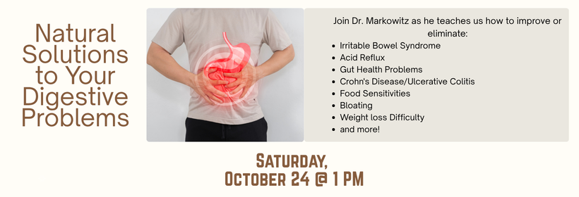 Slider image promoting the "Natural Solutions to your digestive problems" program, occurring on October 24th at 1pm