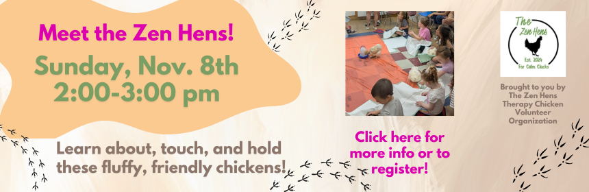 Slider image promoting the Zen Hens program, occurring on November 8th at 2 pm
